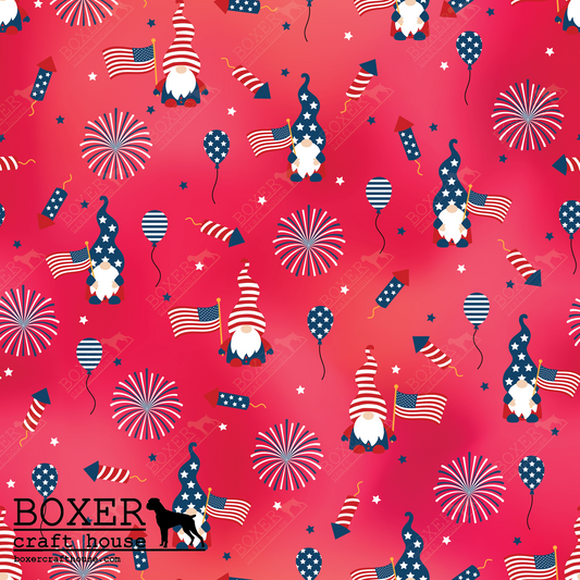 American Gnomes PFL, Printed Faux Leather, Independence Day Faux Leather, Sewing Vinyl, Embroidery Vinyl, Craft Supplies, Boxer Craft House, Gnomes, July 4th, Bag Making Supplies Red White and Blue, Flags, Fireworks,