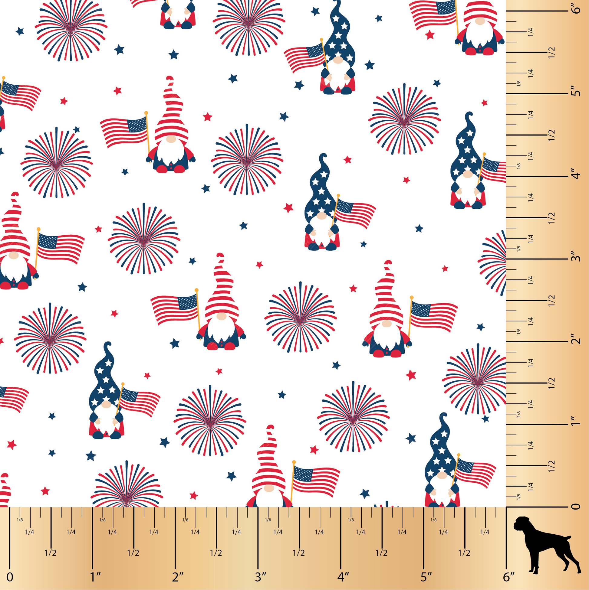 American Gnomes PFL, Printed Faux Leather, Independence Day Faux Leather, Sewing Vinyl, Embroidery Vinyl, Craft Supplies, Boxer Craft House, Gnomes, July 4th, Bag Making Supplies Red White and Blue, Flags, Fireworks,