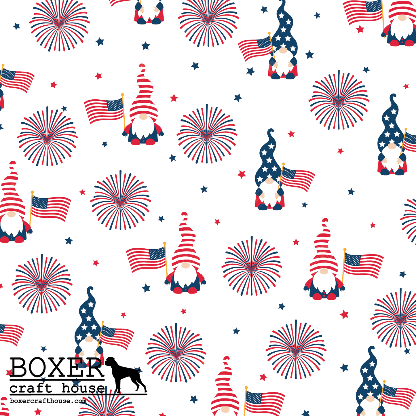 American Gnomes PFL, Printed Faux Leather, Independence Day Faux Leather, Sewing Vinyl, Embroidery Vinyl, Craft Supplies, Boxer Craft House, Gnomes, July 4th, Bag Making Supplies Red White and Blue, Flags, Fireworks,