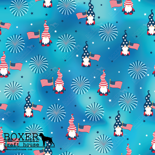 American Gnomes PFL, Printed Faux Leather, Independence Day Faux Leather, Sewing Vinyl, Embroidery Vinyl, Craft Supplies, Boxer Craft House, Gnomes, July 4th, Bag Making Supplies Red White and Blue, Flags, Fireworks,