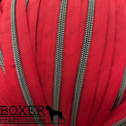 Nylon #5 Zipper - Gunmetal Coil Red Tape