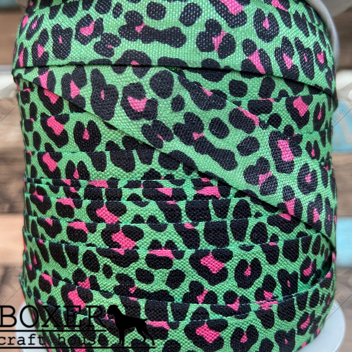 Green and Pink Cheetah FOE 5/8 Fold Over Elastic 1 Yard