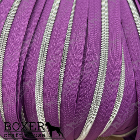 Nylon #5 Zipper - Silver Coil Purple Tape