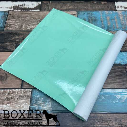 Mint Wet look, Mint Faux Leather, Embroidery Vinyl, Sewing Faux Leather, Wet Look, Vinyl, Mint Green, Faux Leather, Bag makers faux leather, Boxer Craft House Faux Leather, USA company, Purse making material, Wet Look Material Quality Faux Leather